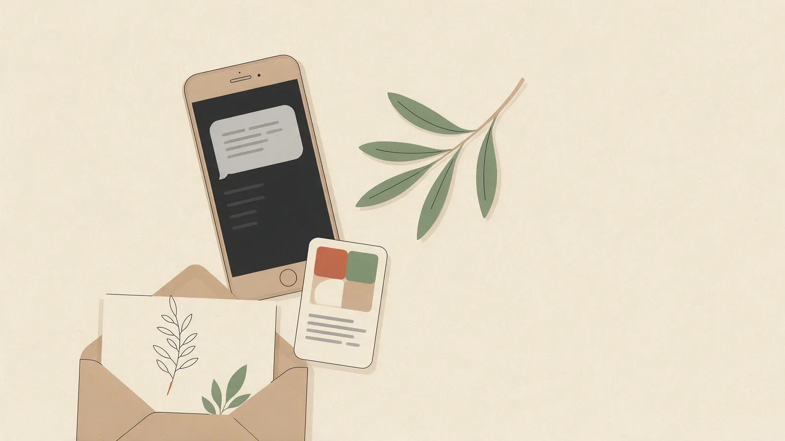 Ilustración de un móvil mostrando un mensaje de agradecimiento de boda con el enlace al álbum de fotos