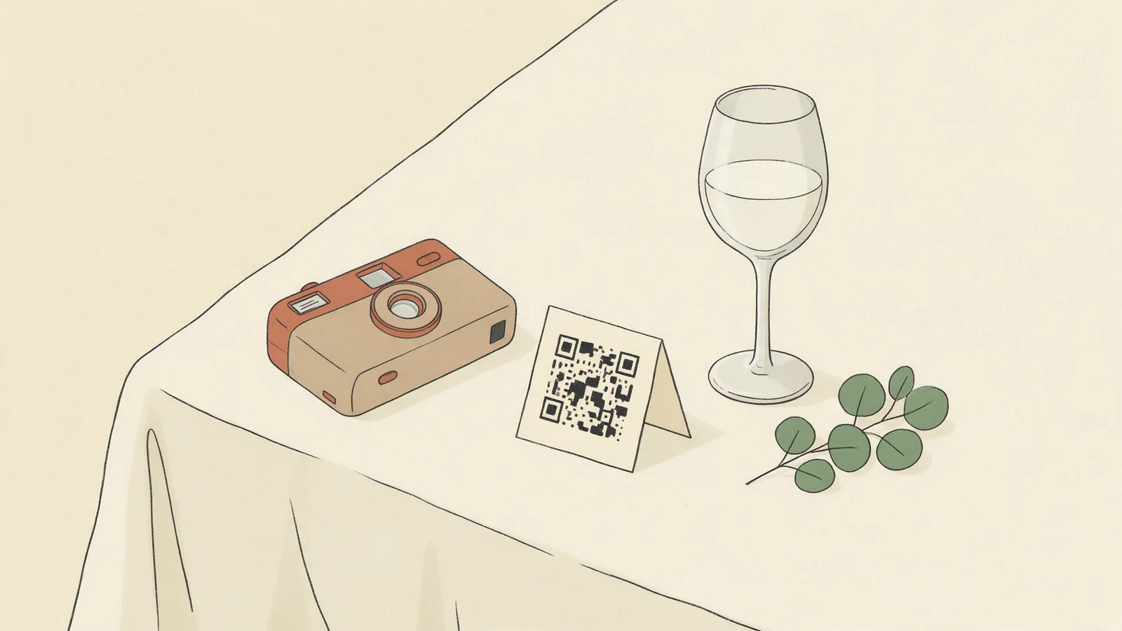 Ilustración de una cámara desechable junto a una tarjeta con código QR sobre el mantel de una mesa de boda