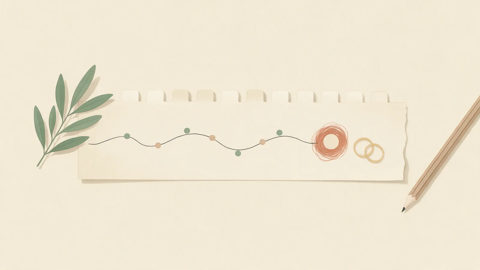 Ilustración de una línea de tiempo de doce meses hacia la fecha de una boda, con los hitos de cada fase marcados sobre el trazo