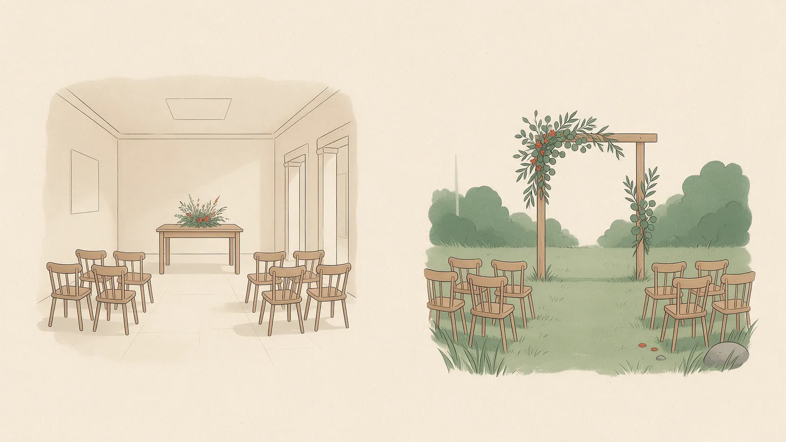 Ilustración de dos ceremonias civiles enfrentadas: la sala de un ayuntamiento con mesa, sillas y un punto de flor, y una ceremonia al aire libre con arco y pasillo