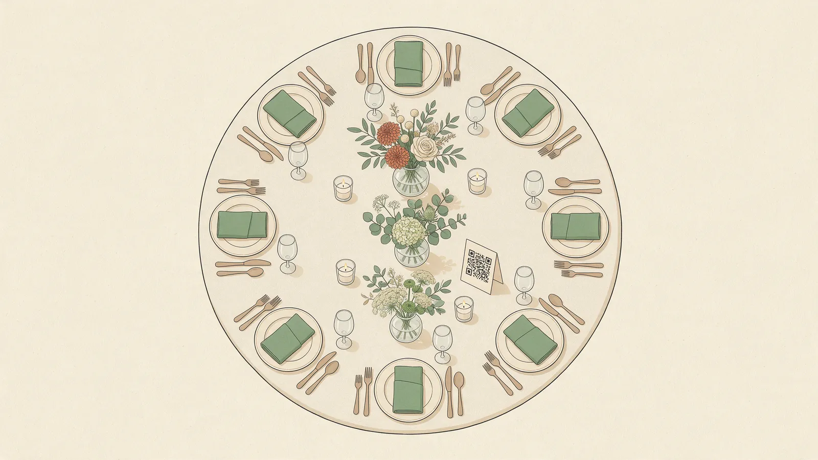 Ilustración de una mesa redonda de boda vista desde arriba con tres jarrones bajos, velas y una tarjeta con código QR apoyada junto al centro