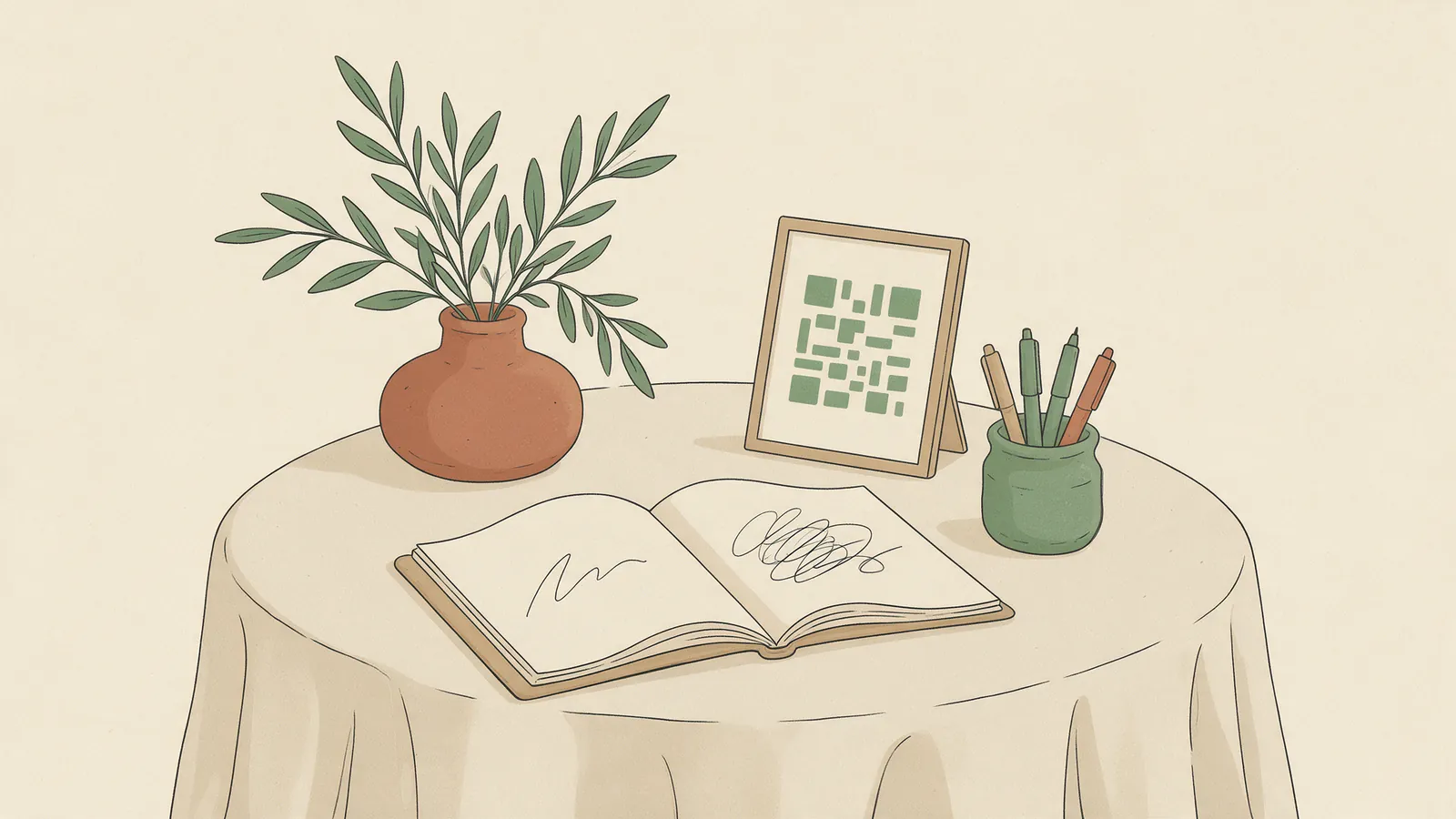 Ilustración de una mesa de boda con un libro de firmas abierto, un bote con rotuladores y un cartel pequeño con código QR apoyado detrás