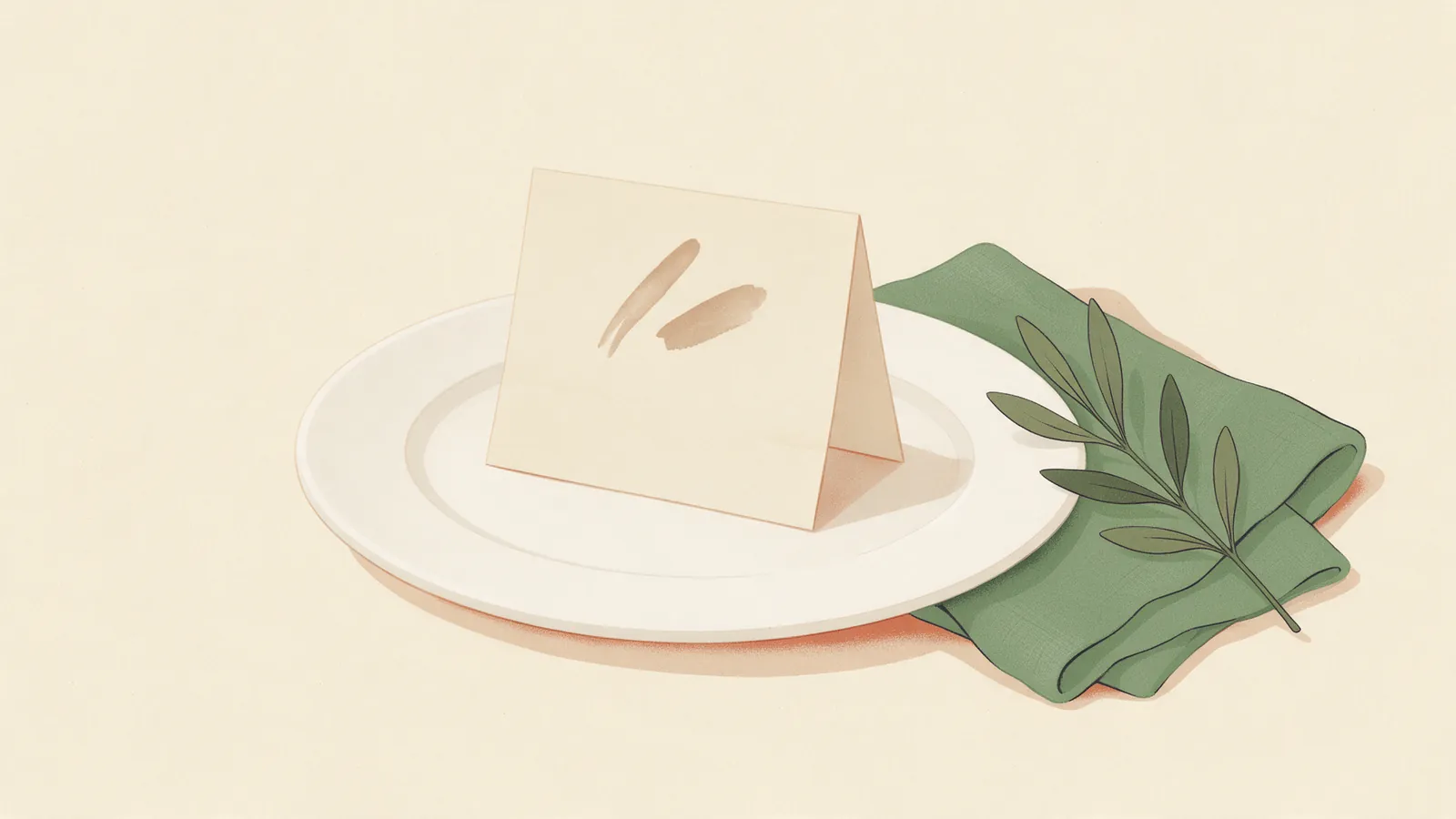 Ilustración plana de un marcasitios de cartulina doblado sobre un plato blanco, con una ramita de olivo sobre una servilleta verde al lado
