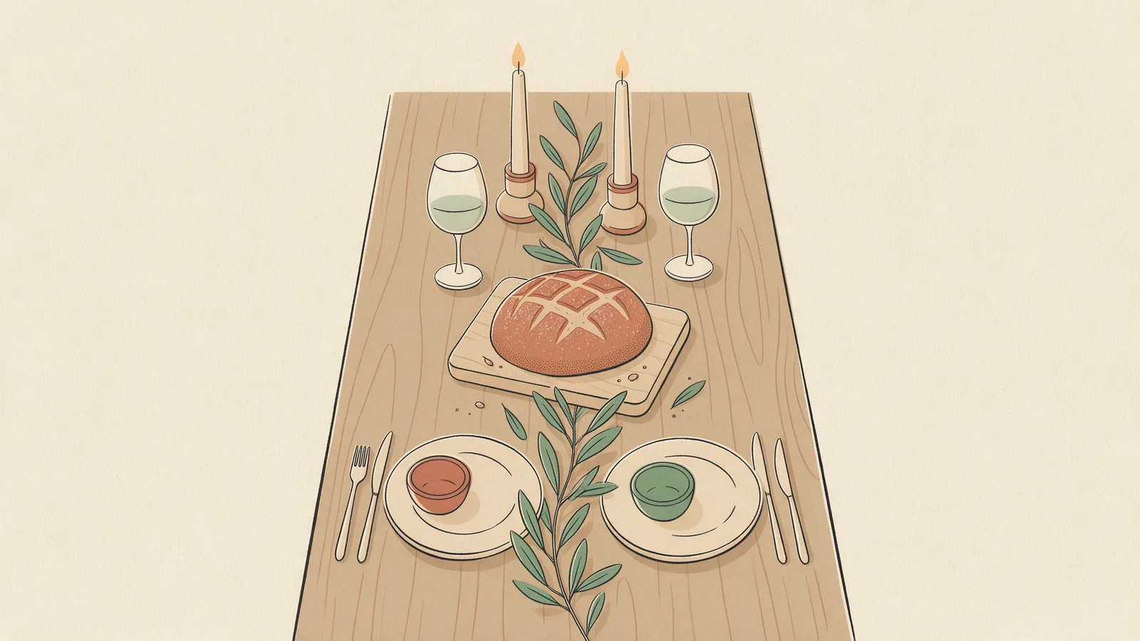 Ilustración plana vista desde arriba de una mesa larga de madera preparada para una cena, con pan, dos copas de vino, velas y ramas de olivo
