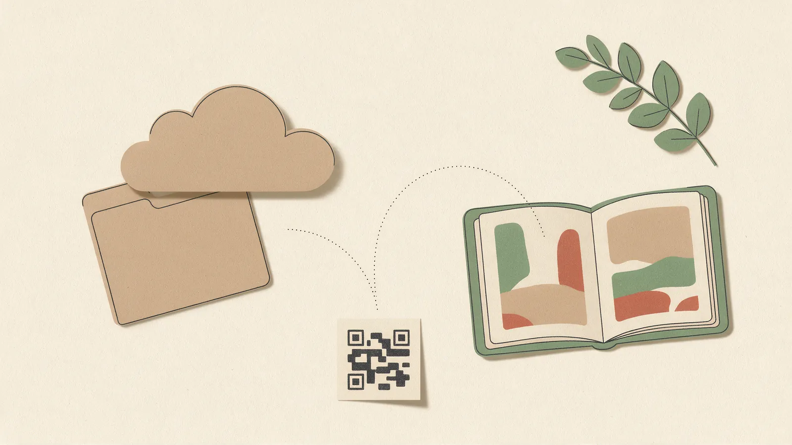Ilustración de dos rutas para las fotos de boda: una carpeta de almacenamiento en la nube y un álbum digital con código QR